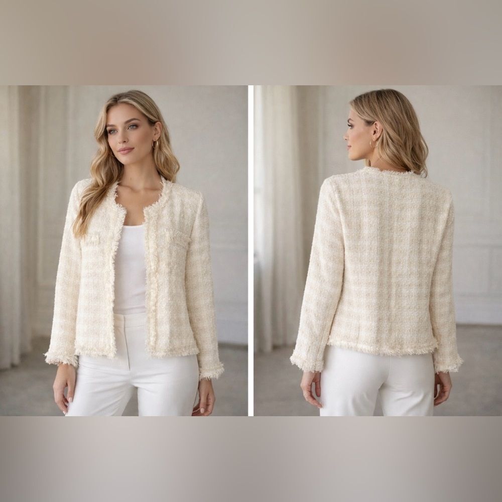 Alexis Cream Textured tweed open front Blazer, M
